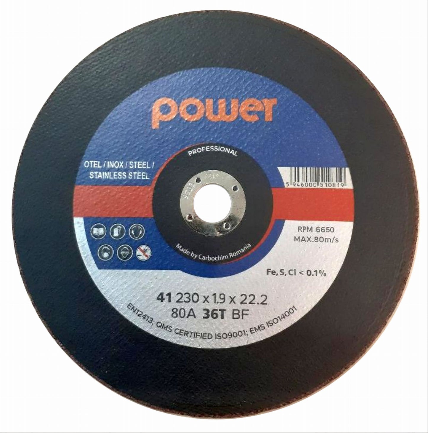 Disc debitare inox si otel, Power 80A36TBF, 230 x 22.2 x 1.9 mm