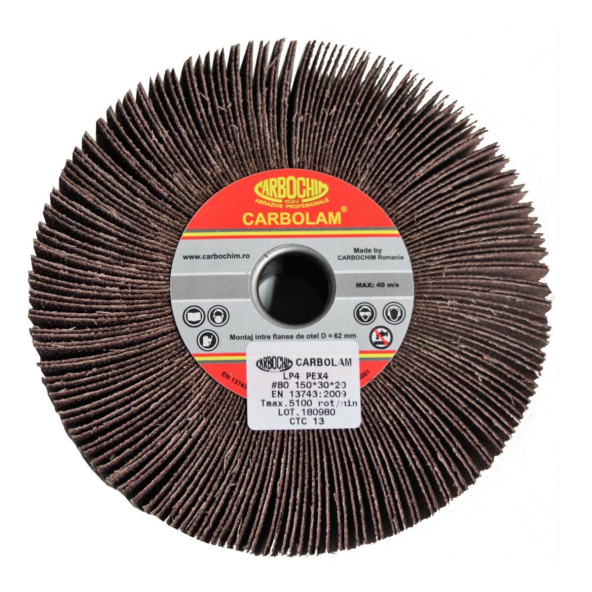 Disc lamelar, pentru slefuire lemn / metale / materiale constructii, cu tija, 150 x 30 x 20 mm, granulatie 80