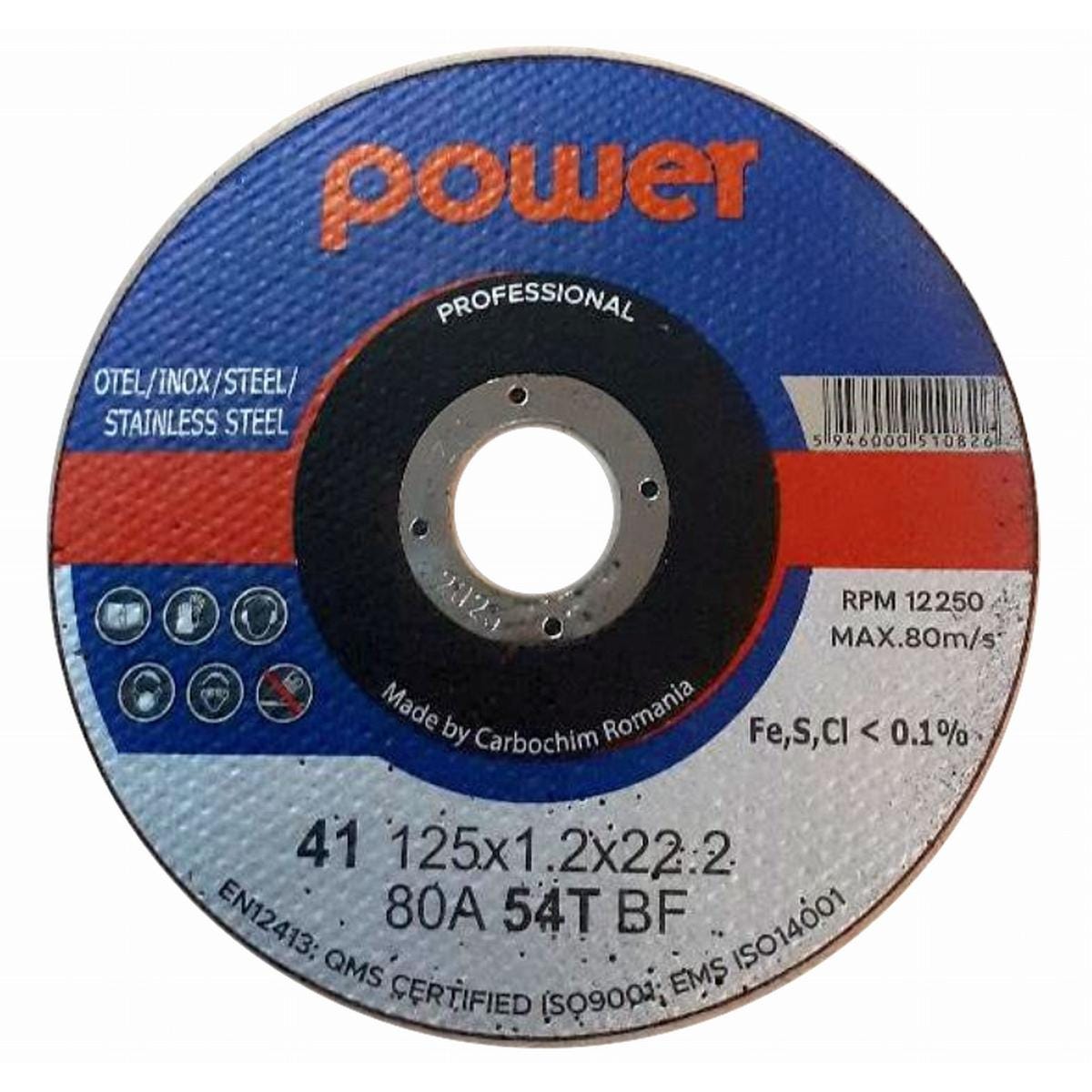 Disc debitare inox si otel, Power 80A54TBF, 125 x 22.2 x 1.2 mm