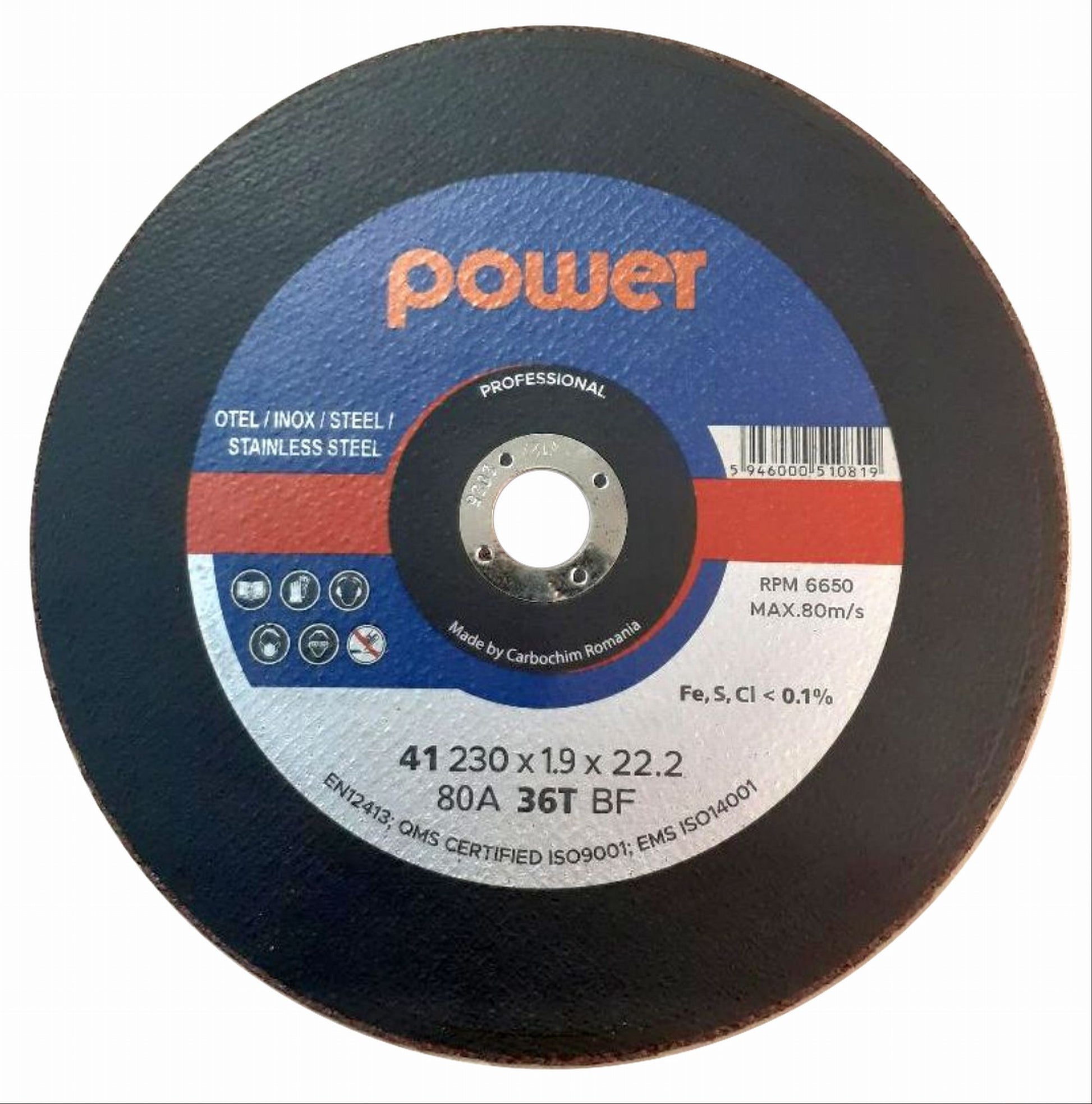 Disc debitare inox si otel, Power 80A36TBF, 230 x 22.2 x 1.9 mm