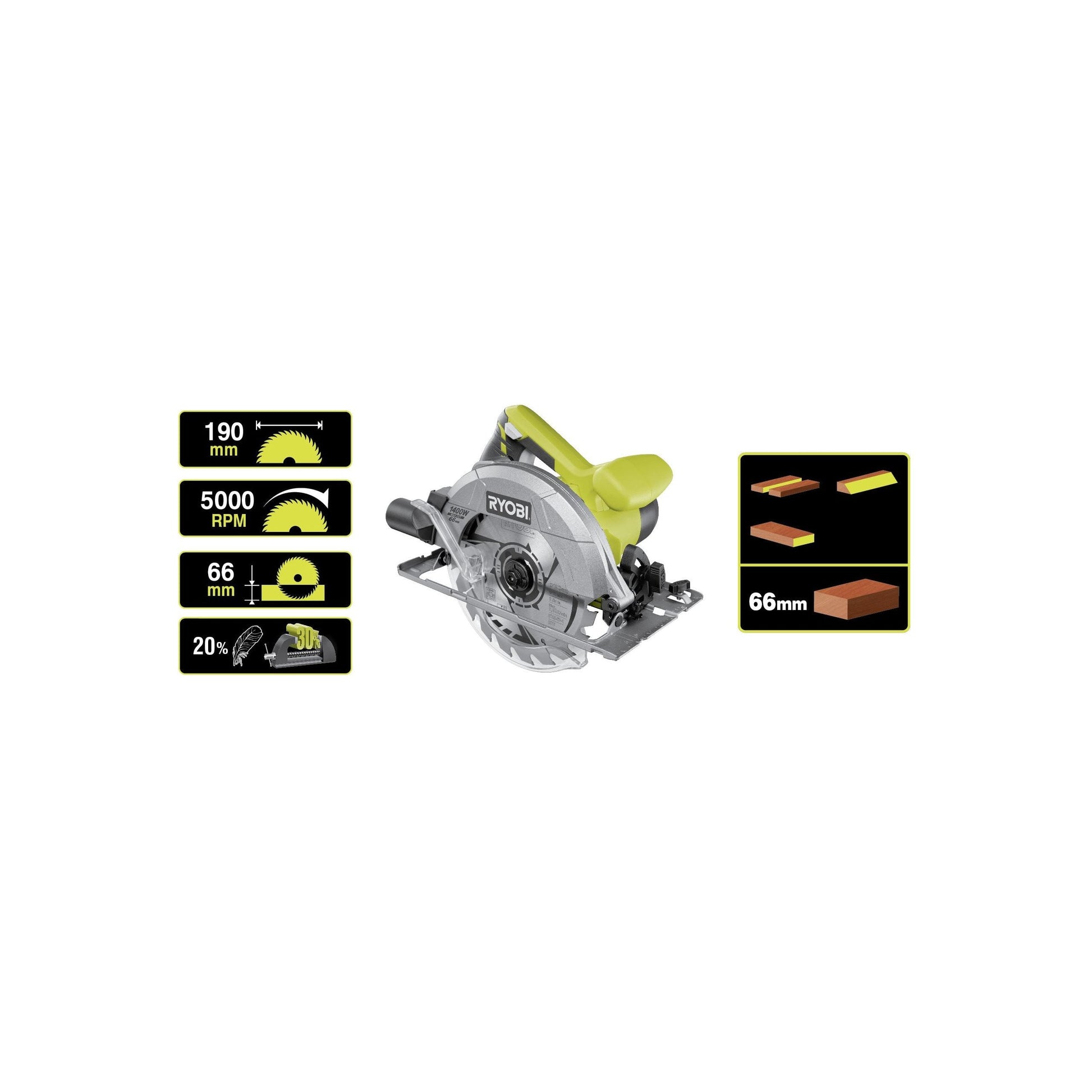 RCS1400-G - Circular saw 1400W, disc 190 x 16 mm, depth of cut up to 66 mm, 1 x 20-tooth TCT blade, key, carton