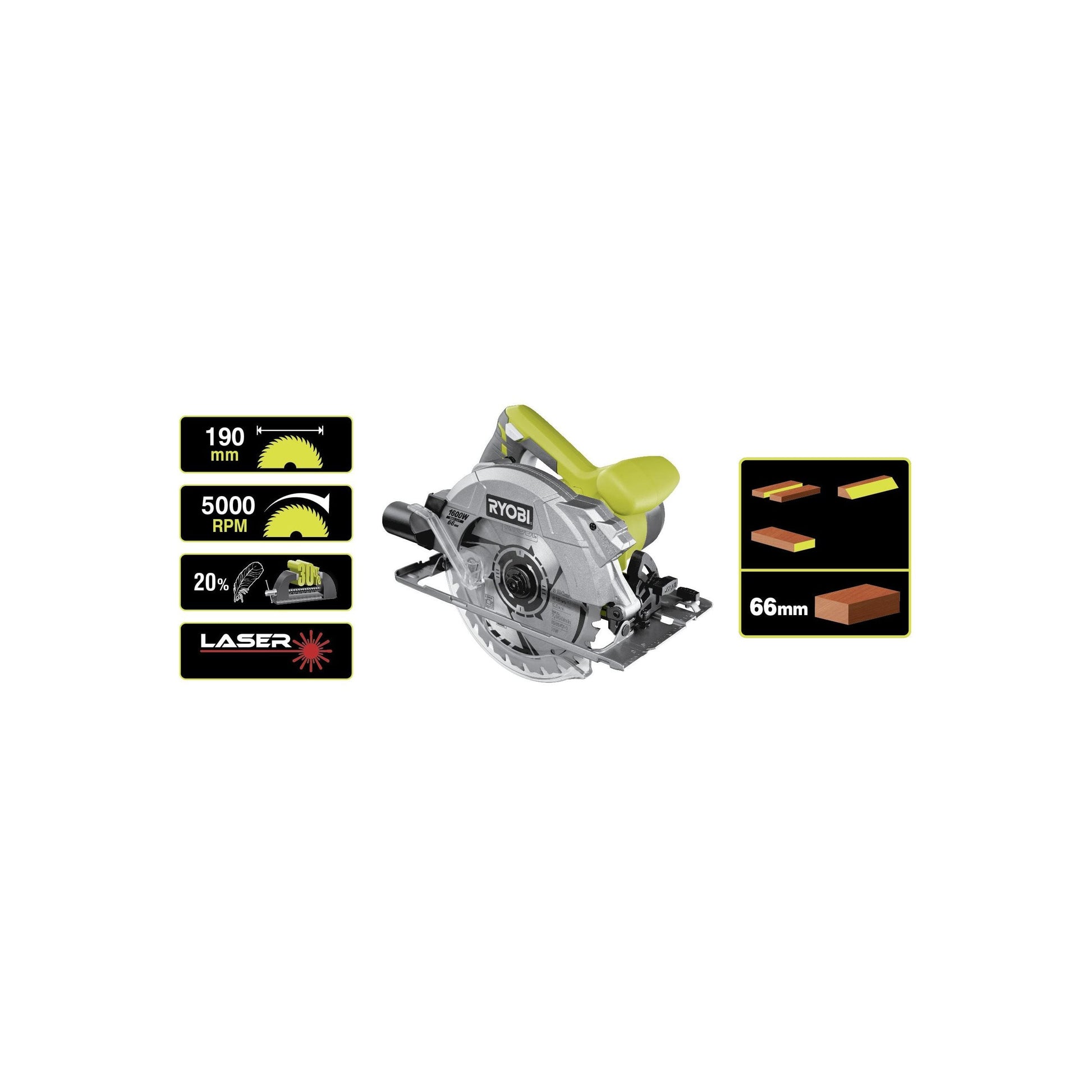 RCS1600-K - Circular saw 1600W, laser, disc 190 x 16 mm, depth of cut 66 mm, 1 x 24-tooth TCT blade, key, kitbox