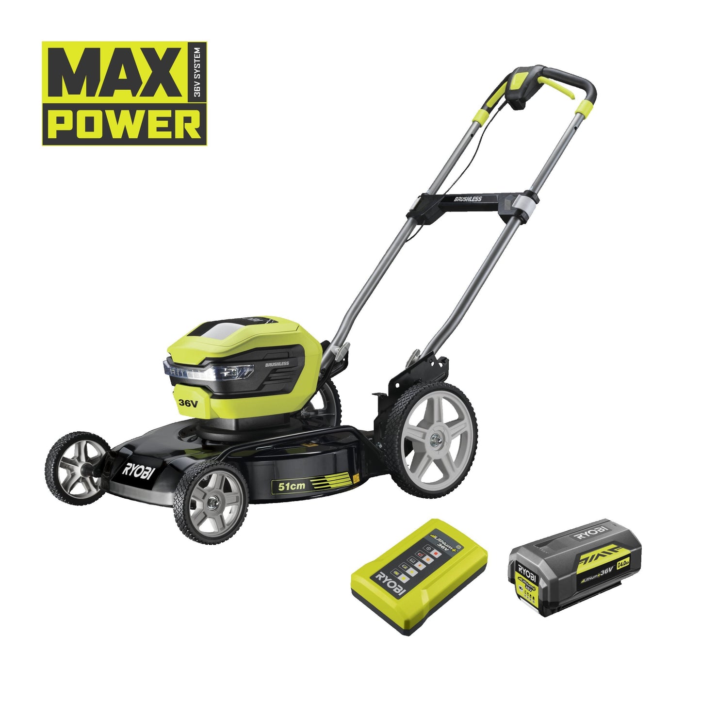 Masina de tuns gazon / mulcire 36V MAX POWER, motor fara perii, punte 51cm, cu acumulator 4.0Ah - RY36LMMX51A-140