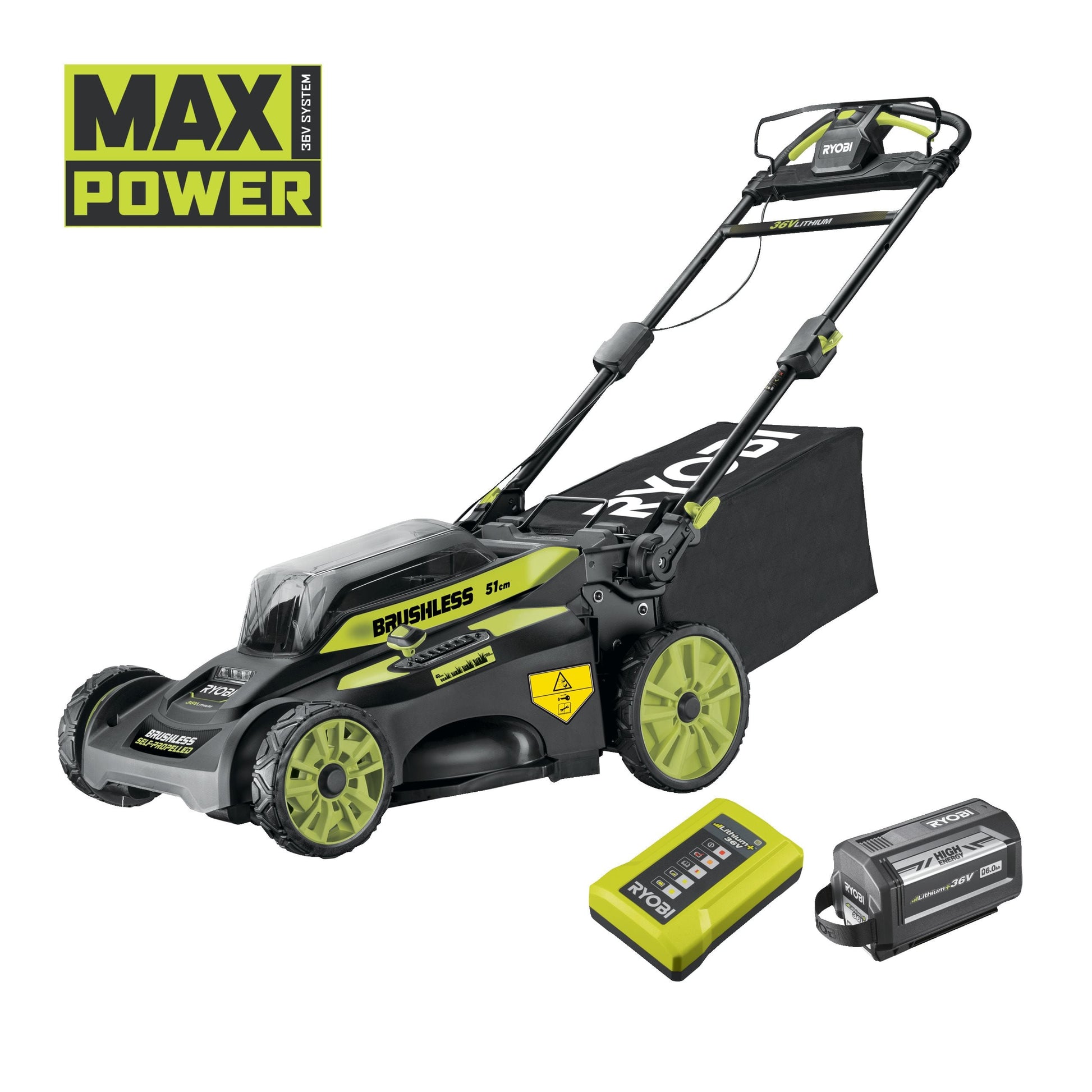 Masina de tuns gazon 36V MAX POWER, motor fara perii, punte 51cm, cu acumulator 6.0Ah - RY36LMX51A-160