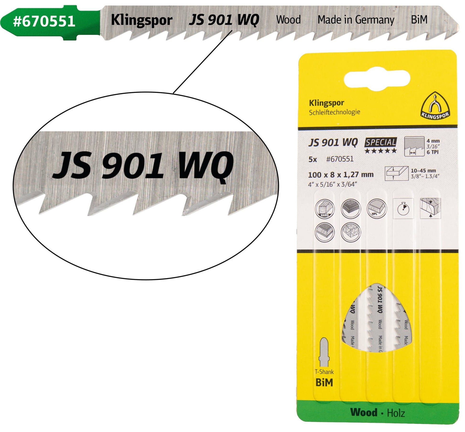 Panza pentru fierastrau vertical / pendular, pentru lemn de esenta tare / placaj / OSB, JS901WQ, 100 x 8 mm, set 5 bucati
