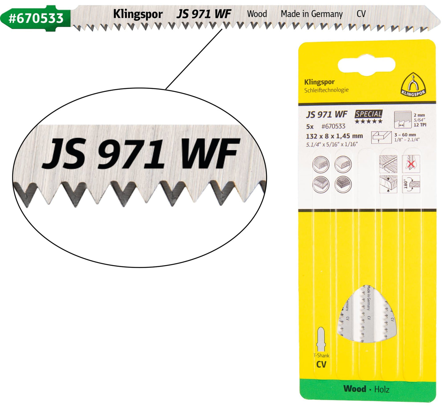 Panza pentru fierastrau vertical / pendular, pentru blaturi lemn / panouri melaminate / lemn de esenta moale, JS 971 WF, 132 x 8 mm, set 5 bucati