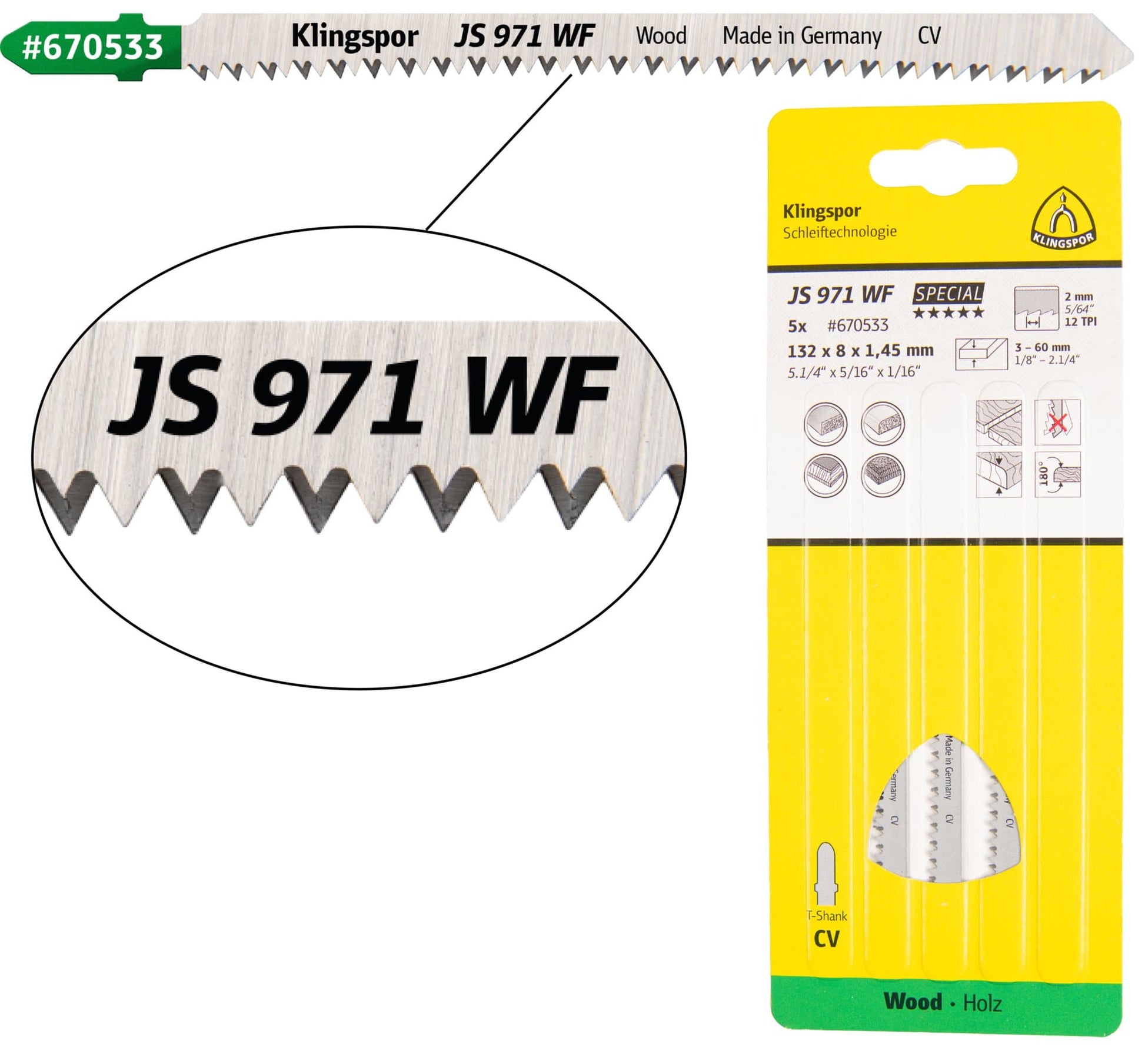 Panza pentru fierastrau vertical / pendular, pentru blaturi lemn / panouri melaminate / lemn de esenta moale, JS 971 WF, 132 x 8 mm, set 5 bucati