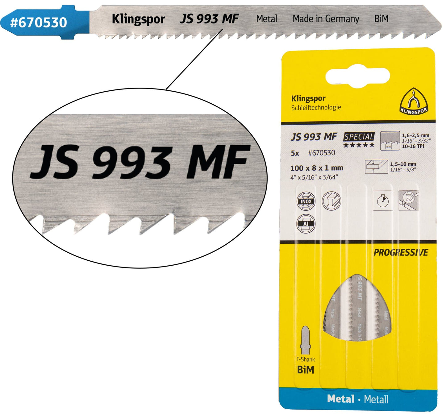 Panza pentru fierastrau vertical / pendular, pentru tabla / otel / inox / metale neferoase / aluminiu, JS 993 MF, 100 x 8 mm, set 5 bucati